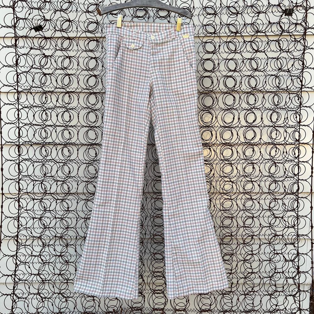Vintage Mann Deadstock red blue plaid bell flare pants 28x34